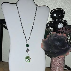 Authentic Malachite Stone Drop Tree of Life Pendant on Green Gunmetal Bead Chain